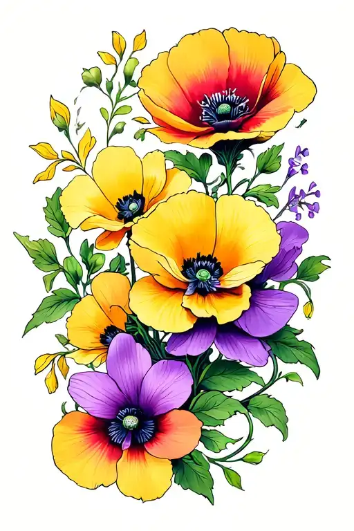 buttercup flowers, poppy & orchid vine wrapping tattoo design idea