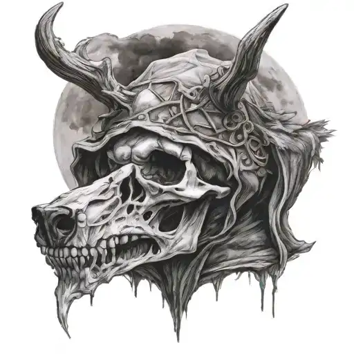 a skull with two halvs  1 human 1 stag  and a wolf pelt hood . and the full moon in the backround tattoo design idea