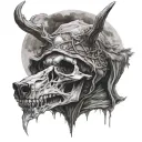a skull with two halvs  1 human 1 stag  and a wolf pelt hood . and the full moon in the backround tattoo design idea