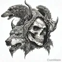 a skull with two halvs  1 human 1 stag  and a wolf pelt hood . and the full moon in the backround tattoo design idea
