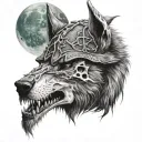 a skull with two halvs  1 human 1 stag  and a wolf pelt hood . and the full moon in the backround tattoo design idea