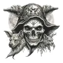 a skull with two halvs  1 human 1 stag  and a wolf pelt hood . and the full moon in the backround tattoo design idea