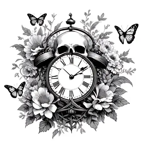 infinity symbol behind, small skull, flowers and butterflies around a clock tattoo design idea