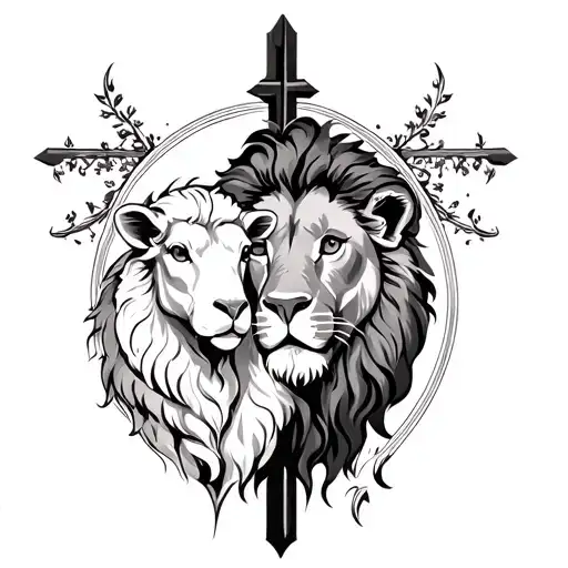 Lion and lamb with cross tattoo design idea