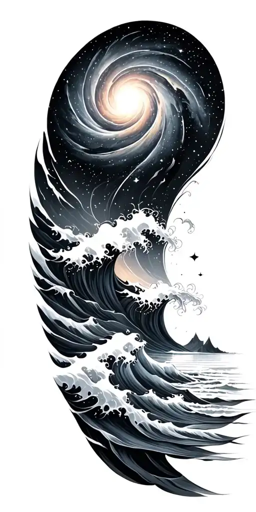 Black and grey sleeve: spiral galaxy above ocean waves, smooth transition, elegant and dark realism. tattoo design idea