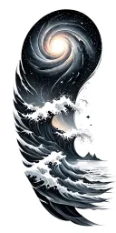 Black and grey sleeve: spiral galaxy above ocean waves, smooth transition, elegant and dark realism. tattoo design idea