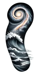 Black and grey sleeve: spiral galaxy above ocean waves, smooth transition, elegant and dark realism. tattoo design idea