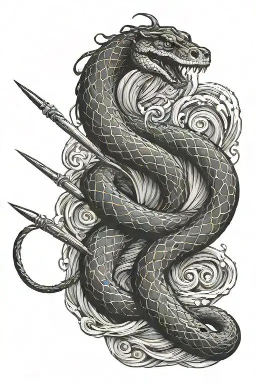 snake with harpoon surrounded by swirling waves tattoo design idea