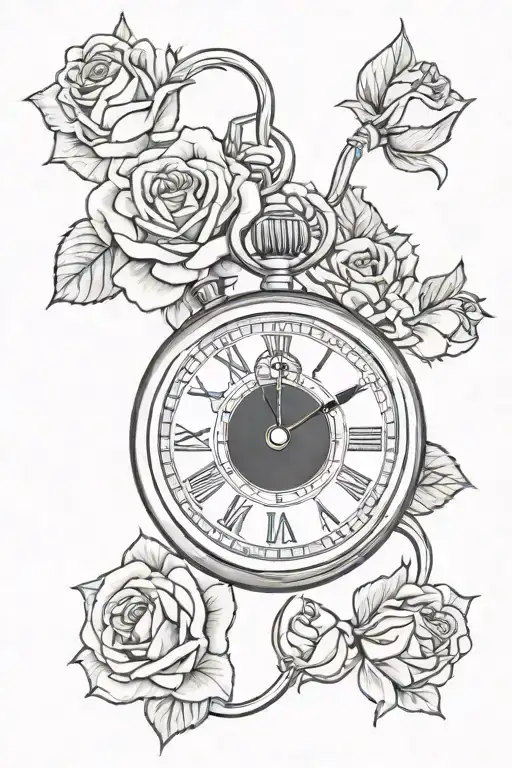 feminine stopwatch and roses tattoo design idea
