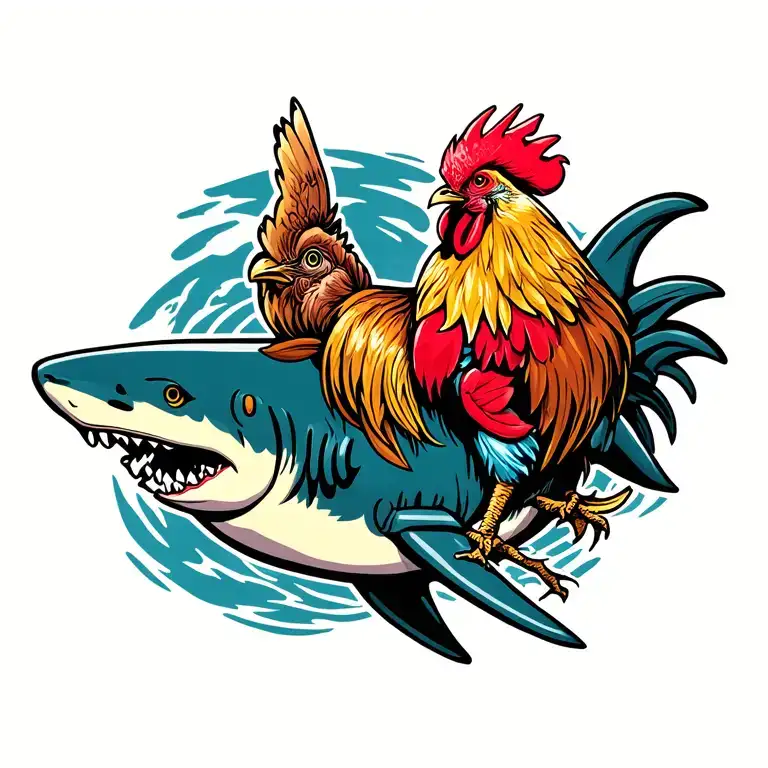 rooster riding on a shark tattoo design idea