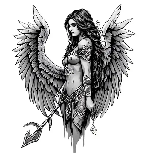 Valkyrie writing with angel wings tattoo design idea