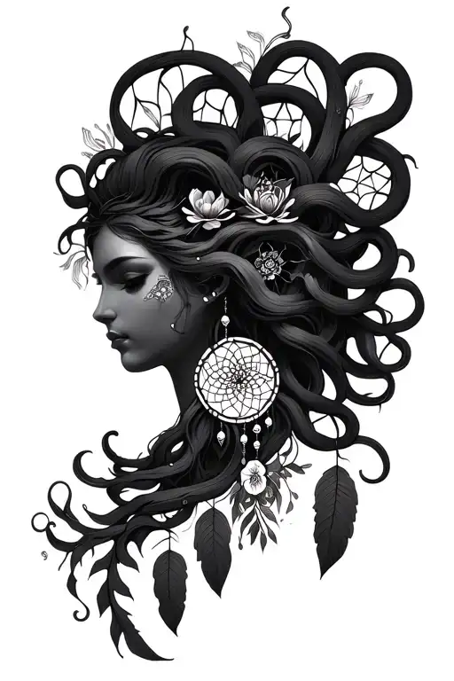 medusa with floral patterns, lace details inprired with dream catcher tattoo design idea
