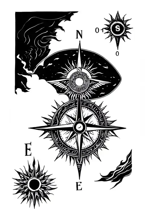Bold black linework tattoo for top of hand, featuring compass and sun god, centered and balanced, spiritual travel symbo tattoo design idea