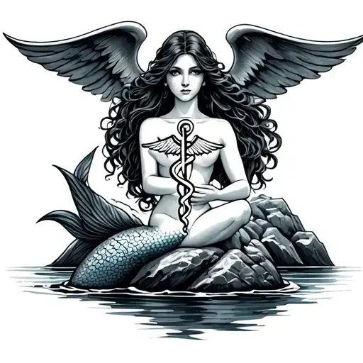 mermaid sitting on rock holding medical symbol intertwined tattoo design idea