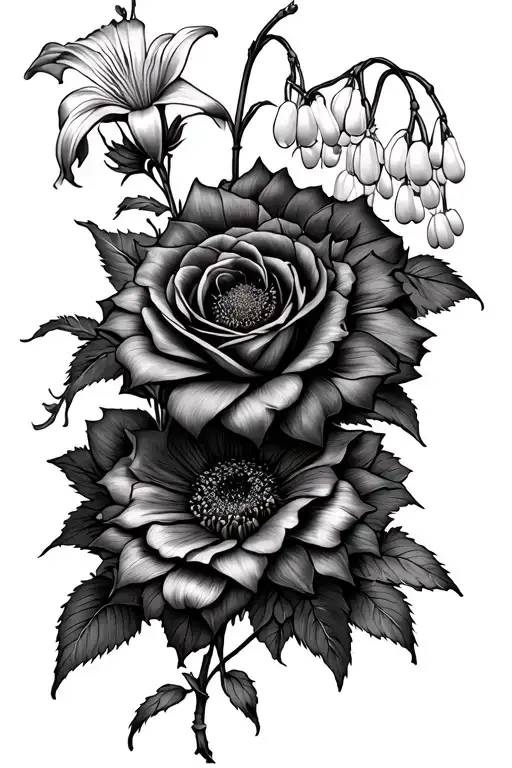 Rose, dead snapdragon, red velvet queen sunflower, spider lily, babylon red dahlia, lily of the valley. Sleeve tattoo tattoo design idea