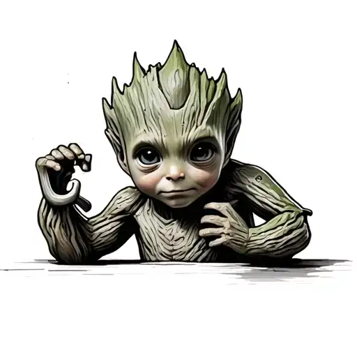 cure baby groot holding the letter C tattoo design idea
