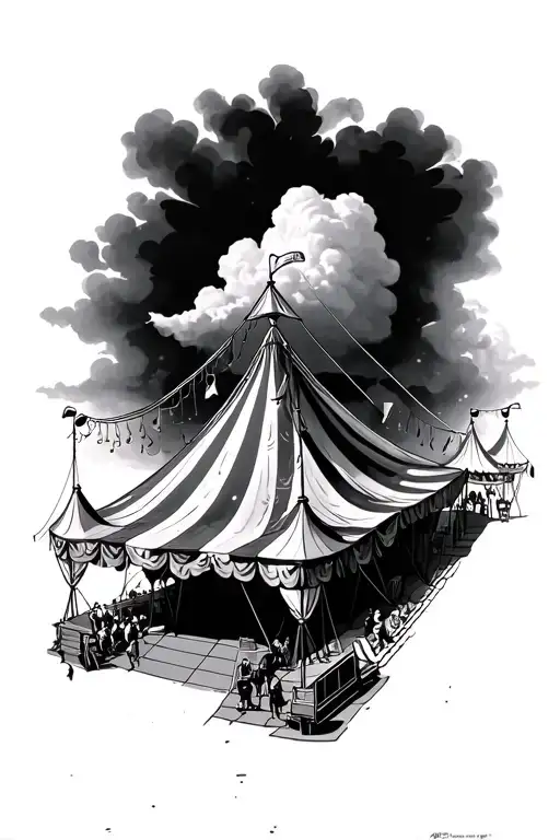 “A surreal, futuristic circus scene where music and sound come to life. A massive vintage circus tent sits at the center tattoo design idea
