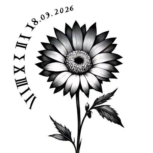 A tattoo for my niece Eva with an aster flower and her date of birth 28.09.2026 in Roman numerals geometric tattoo design idea