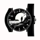 moon or a planet inside a watch dial, words let it be, beach, mountain, lost  man standing, less black ink minimal tattoo design idea