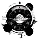 moon or a planet inside a watch dial, words let it be, beach, mountain, lost  man standing, less black ink minimal tattoo design idea