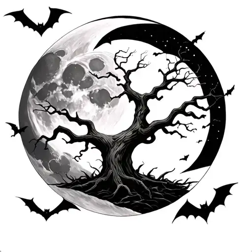 poison tree , bats flying across, moon tattoo design idea