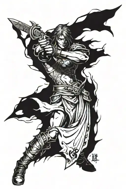 dark fantasy fighter standing dungeons tattoo design idea