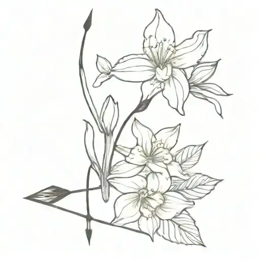 carnation, daffodil, sakura, tulip, water lily, narcissus bouquet and an arrow bow tattoo design idea