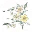 carnation, daffodil, sakura, tulip, water lily, narcissus bouquet and an arrow bow tattoo design idea