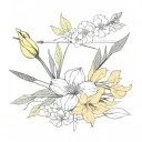 carnation, daffodil, sakura, tulip, water lily, narcissus bouquet and an arrow bow tattoo design idea