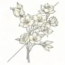 carnation, daffodil, sakura, tulip, water lily, narcissus bouquet and an arrow bow tattoo design idea