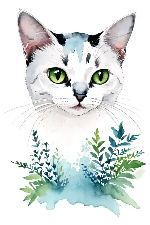 black cat with green eyes and some nature surrounding tattoo design idea