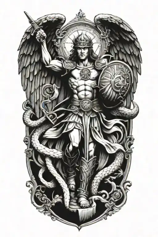 st Michael the archangel standing over a snake, holding sword and shield tattoo design idea