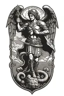 st Michael the archangel standing over a snake, holding sword and shield tattoo design idea