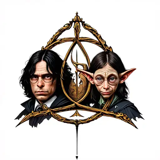 the deahtly hallows sign of harry potter with the faces of severus snape and dobby the house elf verry detailed  tattoo design idea