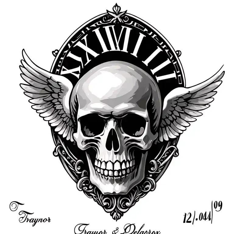 names incorporated Traynor and Delacriox with Roman numeral date of birth 12/04/69 ,  neworleans symbol skull and angel  tattoo design idea