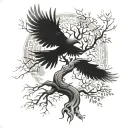 tree of yggdrasil with two crows fly away and Rune  tattoo design idea
