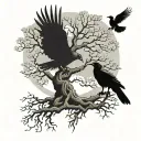 tree of yggdrasil with two crows fly away and Rune  tattoo design idea