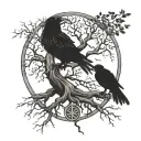 tree of yggdrasil with two crows fly away and Rune  tattoo design idea