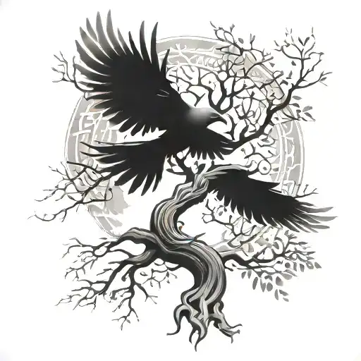 tree of yggdrasil with two crows fly away and Rune  tattoo design idea