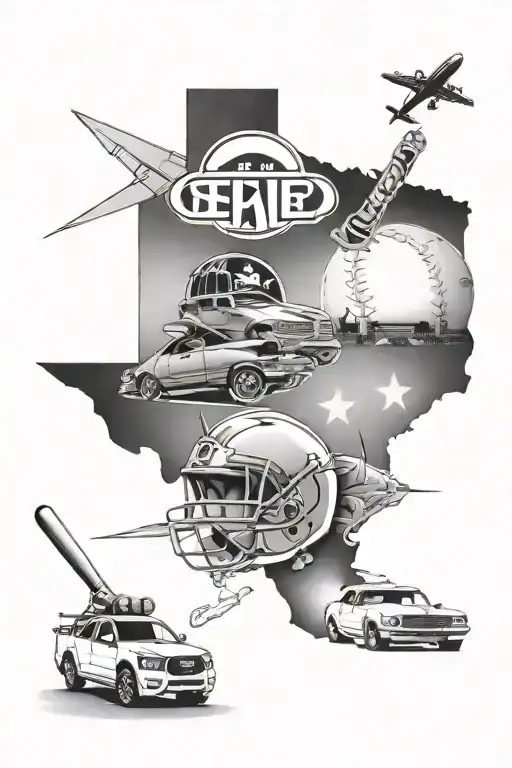 a tattoo that represents Houston Texas's culture through its sports teams and the car culture tattoo design idea