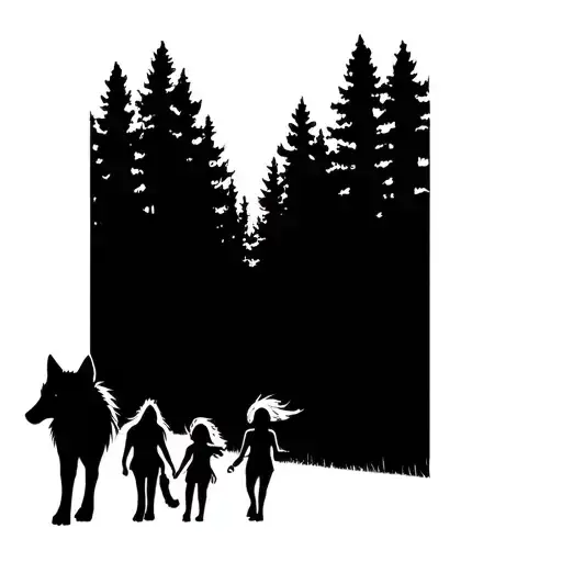 man, women, small girl and wolf walking in the forest tattoo design idea