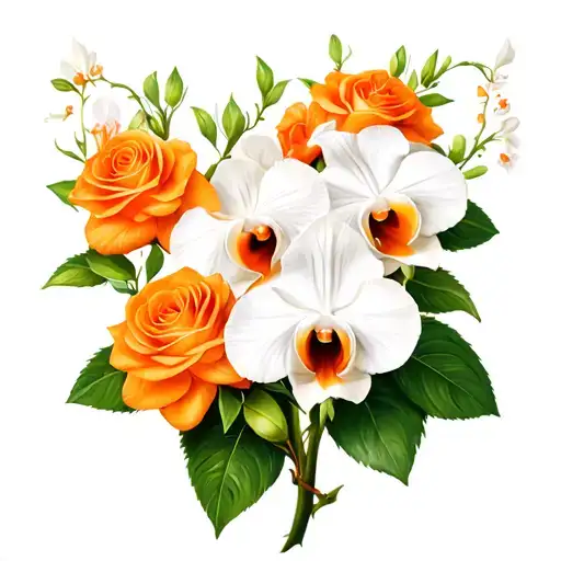 white cattleya and orange rose vine growing tattoo design idea