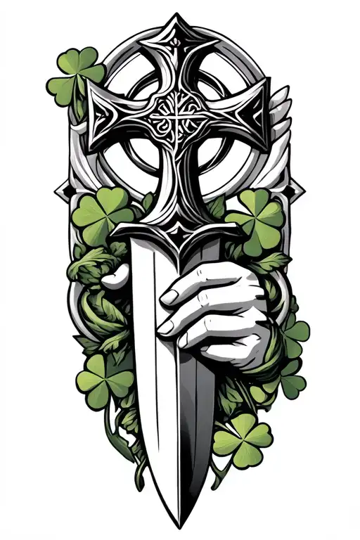 Celtic Cross, Clovers, Hand holding dagger tattoo design idea