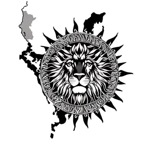 a minimal tattoo design combining the current map of Iran, with the Shir-o-Khorshid (Lion and Sun) symbol from ancient tattoo design idea