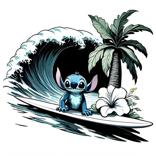 Stitch on a surfboard, big wave behind him. Rondom Hibiscus flowers and a palm tree. In the luc tattoo design idea