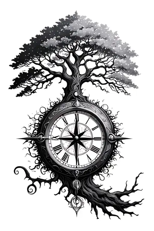clock, tree of life, compass tattoo design idea