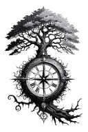 clock, tree of life, compass tattoo design idea