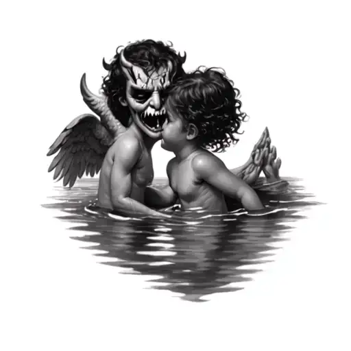 a little angel playing in the water and seeing a devil face in ilthe water tattoo design idea