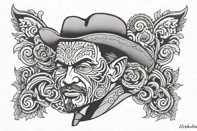A gangster chicano style tattoo of a cultural iconic figure from Texas with shading and black-grey accents tattoo design idea