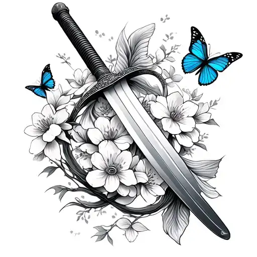 A katana wrapped in delicate cherry blossoms and two koi fish, with butterflies resting near the handle. The design blen tattoo design idea